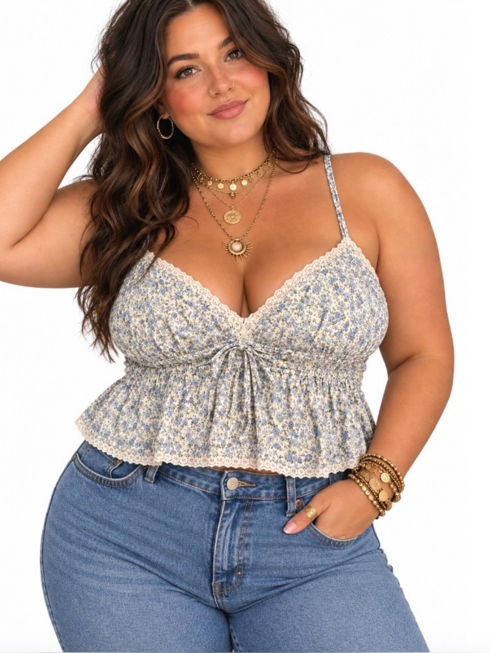 Floral peplum crop top with double bow accents